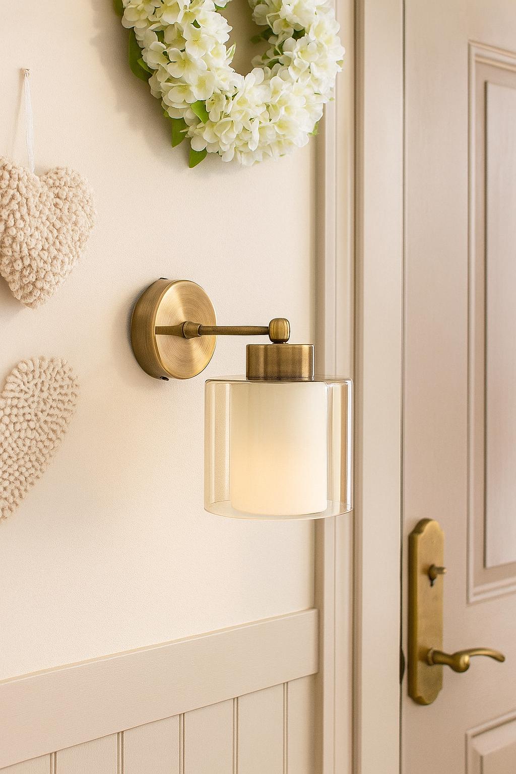 Double Glazed Glass Antique Copper Wall Sconce, Modern Vintage Wall Lamp, Bedside Wall Lighting for Bedroom Vanity Bath Living or Hallway