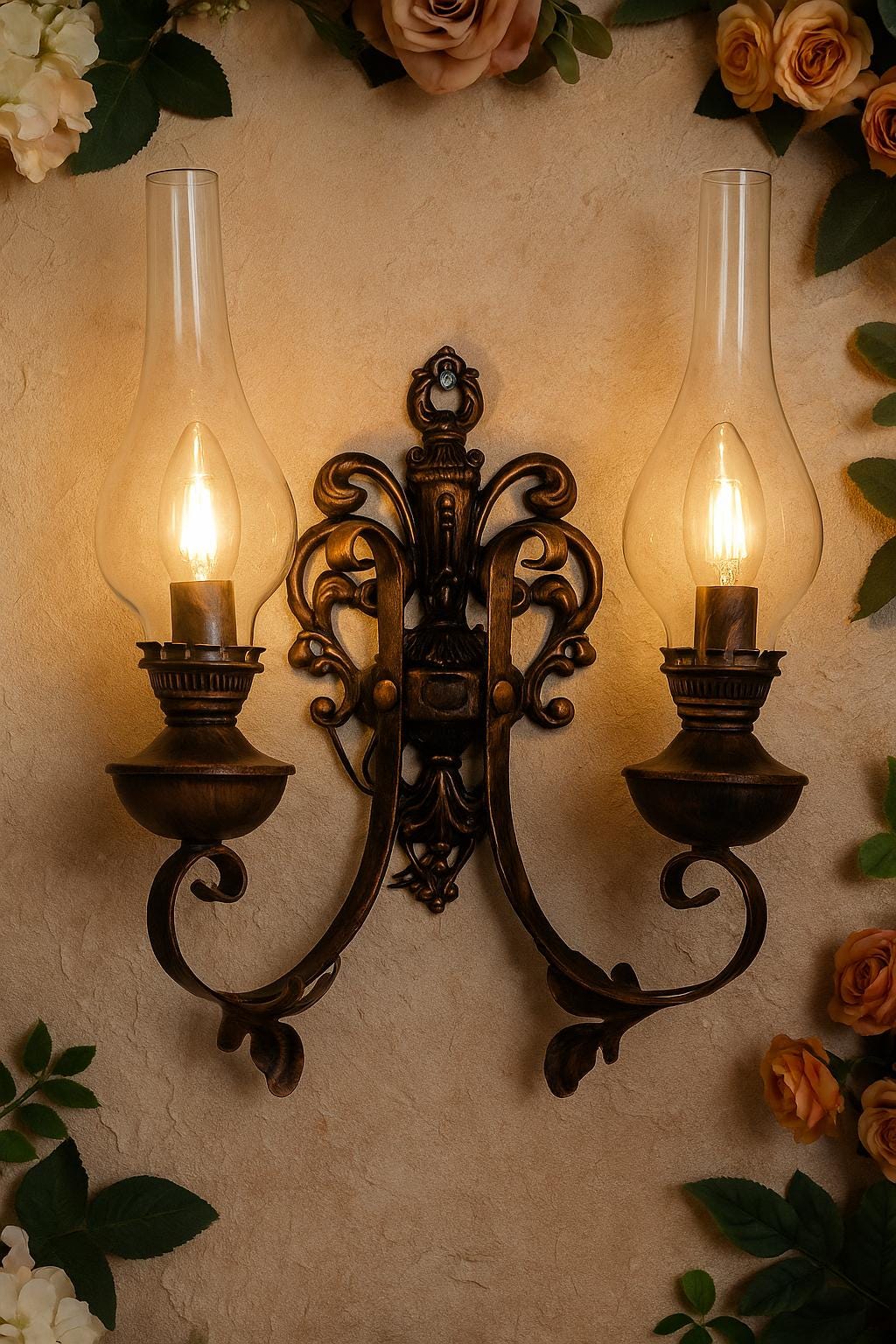 Wrought Iron Nostalgic Lamp Set, Electric Gas Wall Lamp, Double E14 Bulb Sconce, Light Fixtures Wall Mount,Interior Wall Lighting