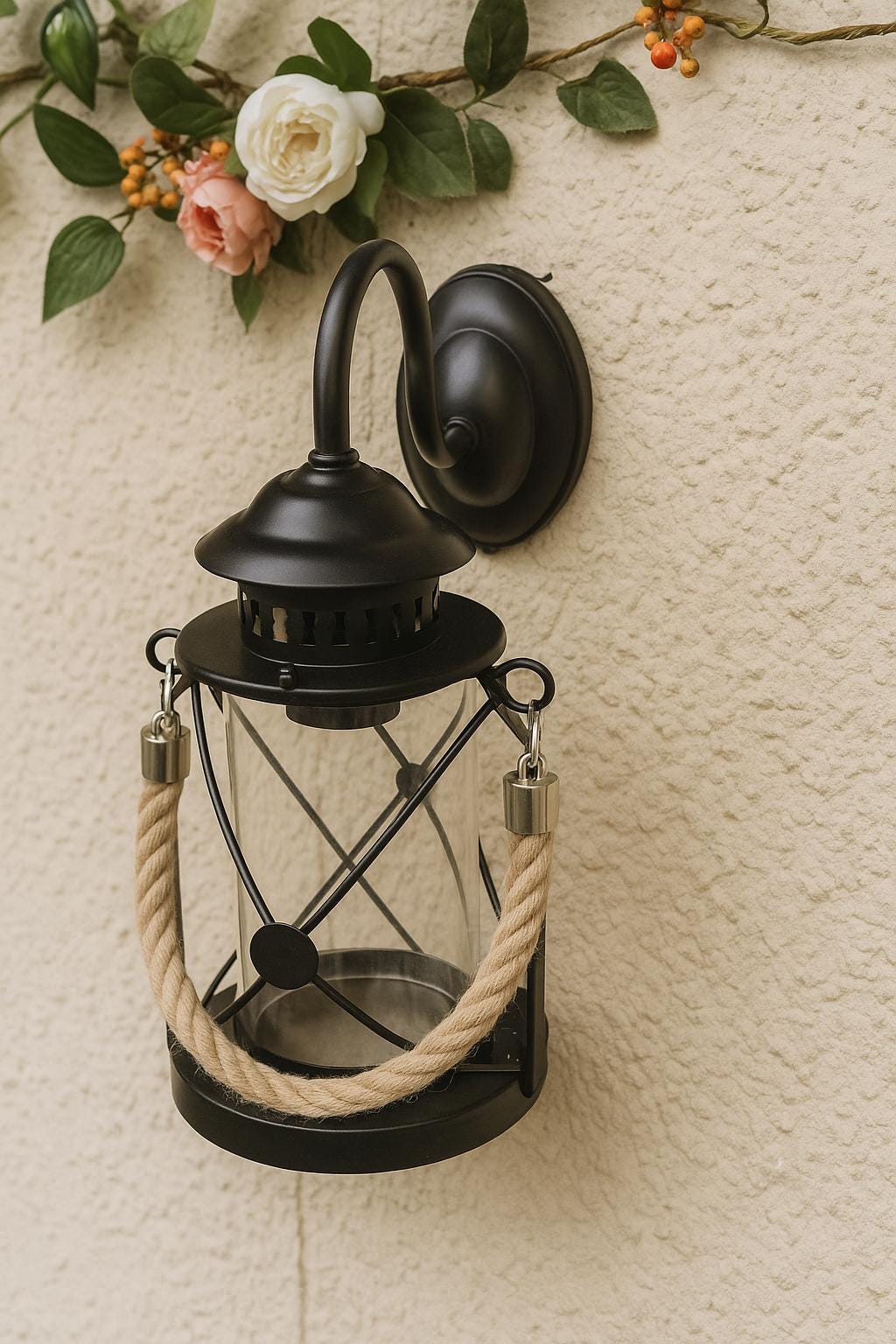 Outdoor Wall Mount Porch Light, Exterior Wall Sconce with Rope Pendant Sailor Lighting, Black Patio Yard Lantern, Handmade