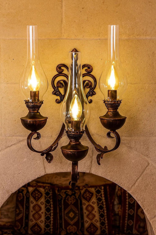 Set of 3 Wrought Iron Wall Mounted Lamp, Triple Light Bulb Glass Sconce, Nostalgia Home Decor, Decorative Lighting Fixture