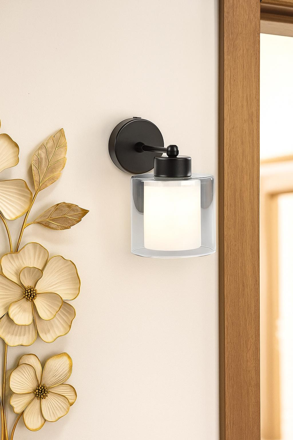 Double Glazed Glass Black Wall Sconce, Modern Vintage Wall Lamp, Bedside Wall Lighting for Bedroom Vanity Bath Living or Hallway