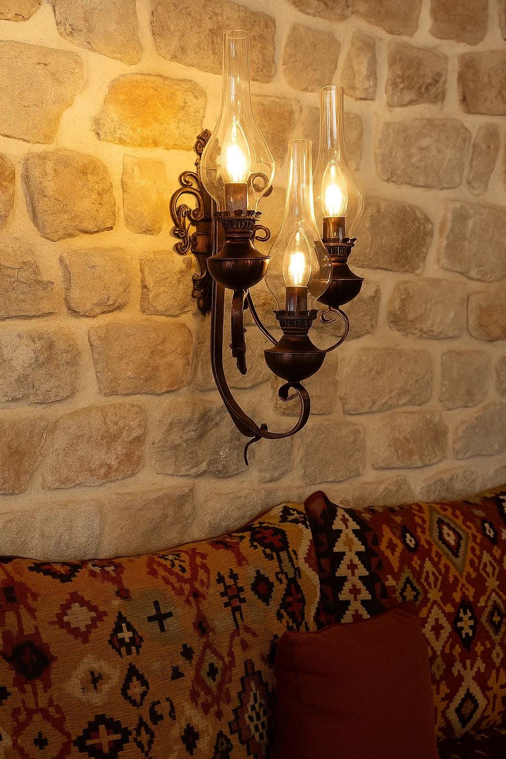 Set of 3 Wrought Iron Wall Mounted Lamp, Triple Light Bulb Glass Sconce, Nostalgia Home Decor, Decorative Lighting Fixture