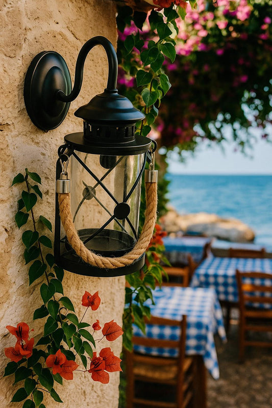 Outdoor Wall Mount Porch Light, Exterior Wall Sconce with Rope Pendant Sailor Lighting, Black Patio Yard Lantern, Handmade